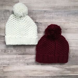 Red and White Knit Pom Pom Winter Hats